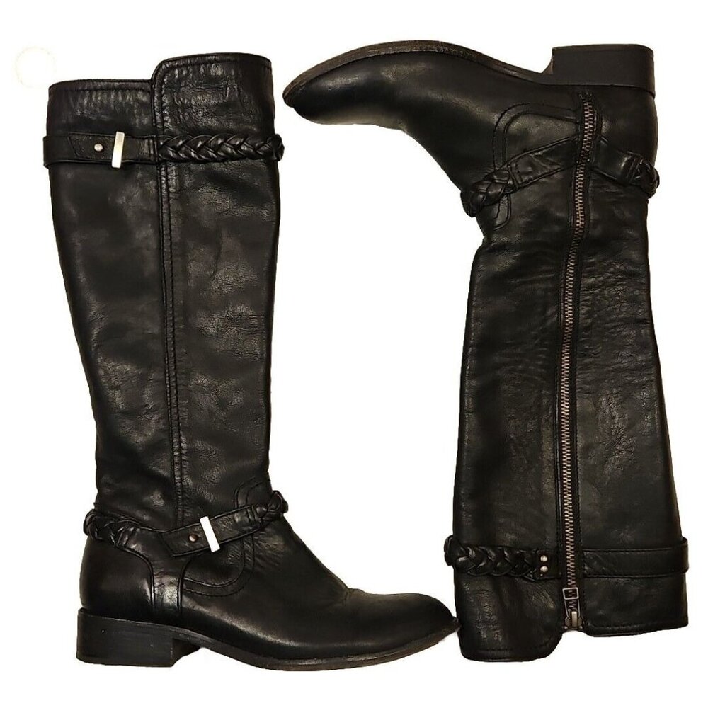 Johnson and Murphy Nubuck Boots Womens 6.5 Black Braided Leather Harness Riding
